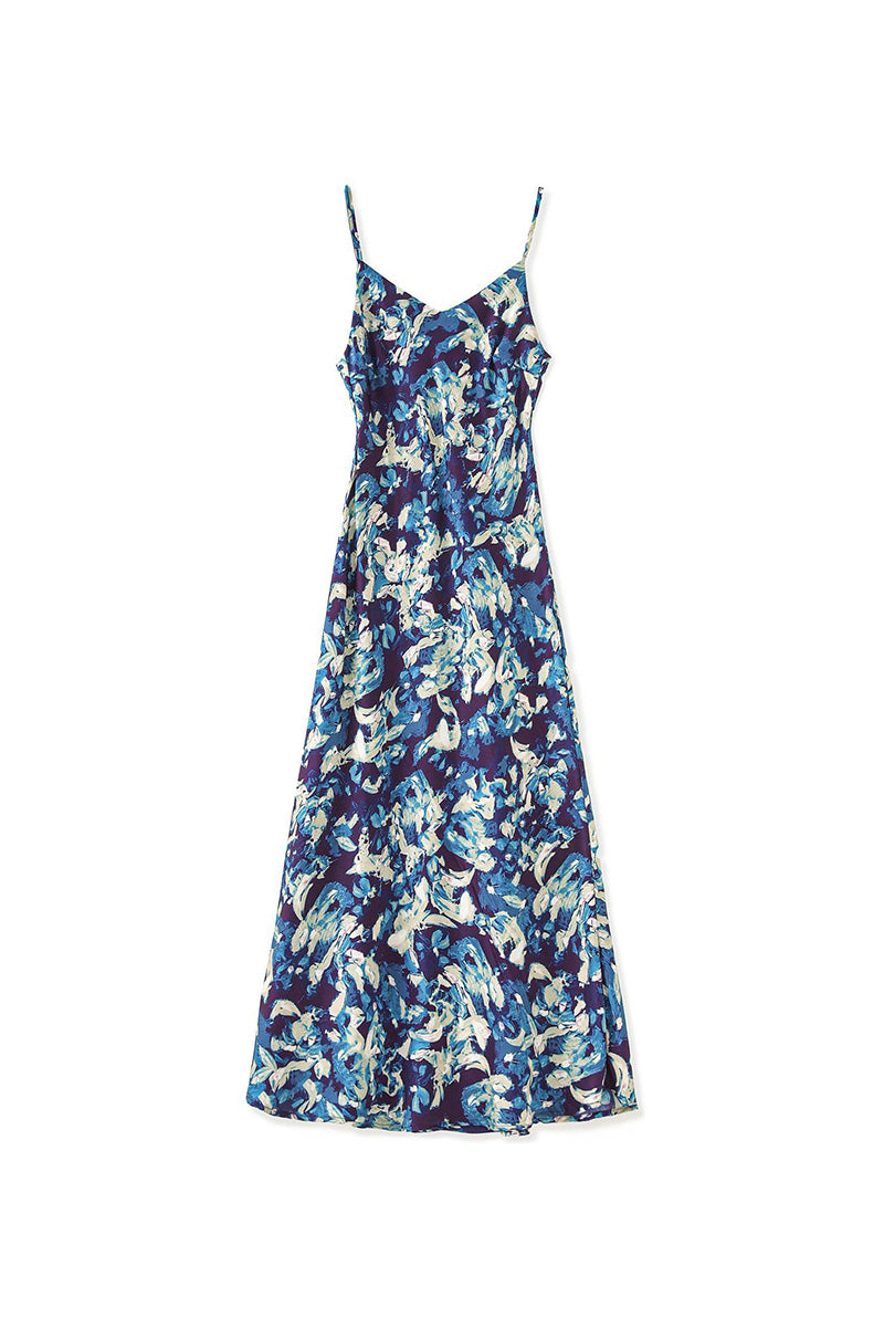 Satin Printed V-Neck Midi Slip Dress