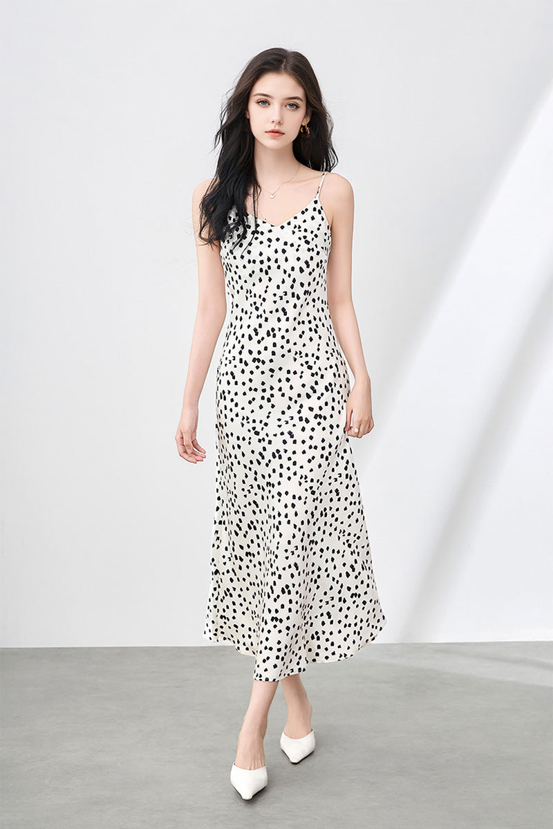 Satin Printed V-Neck Midi Slip Dress