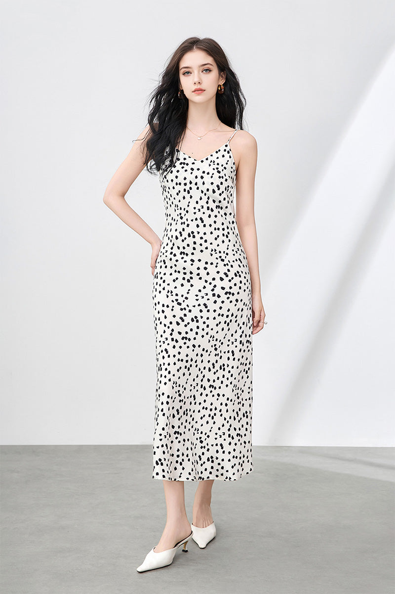 Satin Printed V-Neck Midi Slip Dress
