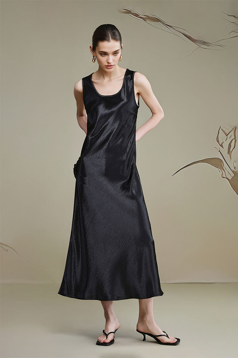 Satin Sleeveless Scoop-Neck Tank Midi Dress