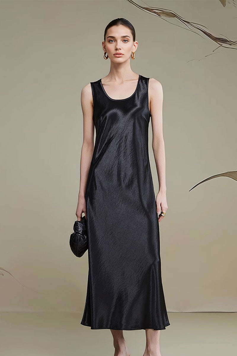 Satin Sleeveless Scoop-Neck Tank Midi Dress