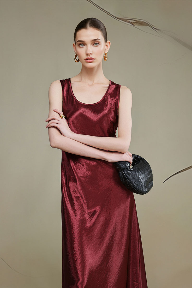 Satin Sleeveless Scoop-Neck Tank Midi Dress