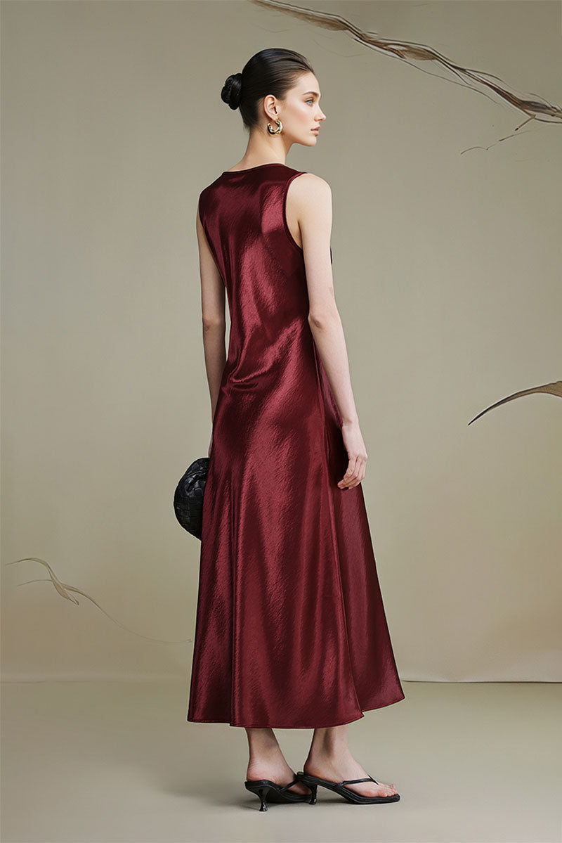 Satin Sleeveless Scoop-Neck Tank Midi Dress