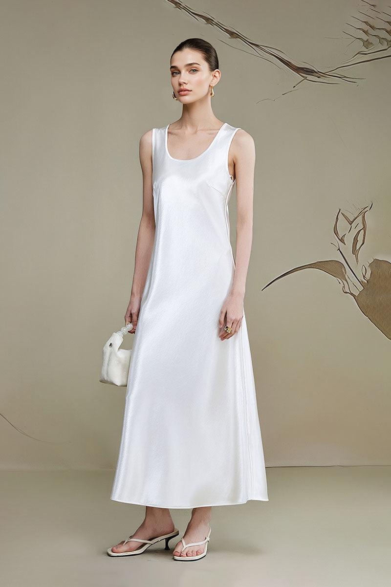 Satin Sleeveless Scoop-Neck Tank Midi Dress