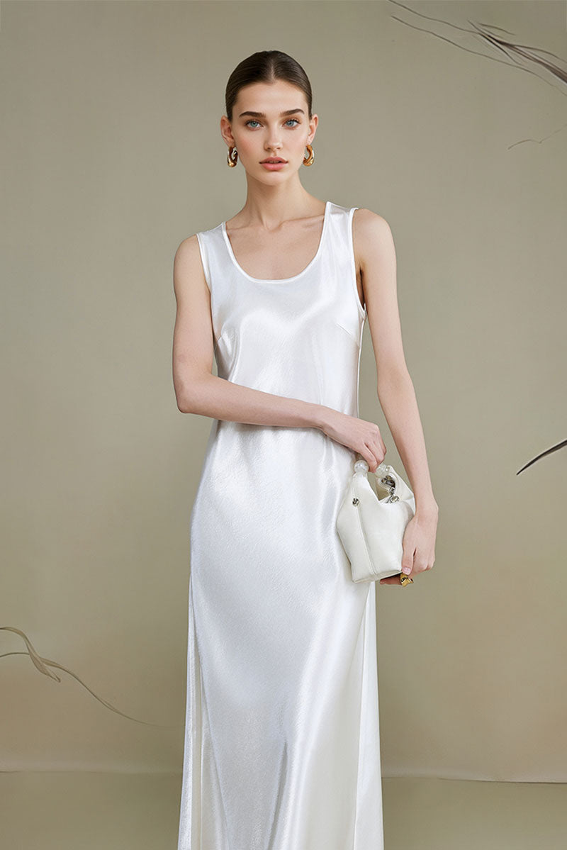 Satin Sleeveless Scoop-Neck Tank Midi Dress