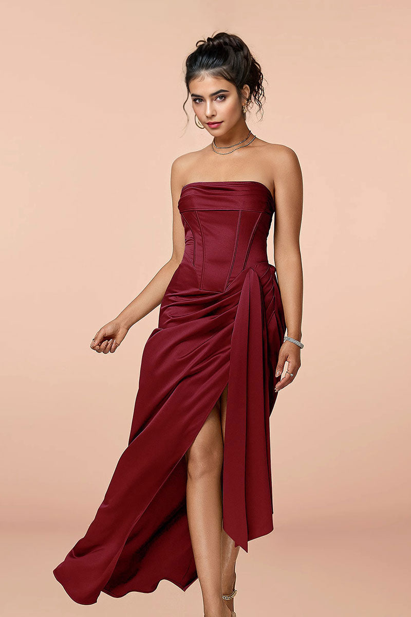 Satin Strapless Corset Bodycon Maxi Dress with High Slit