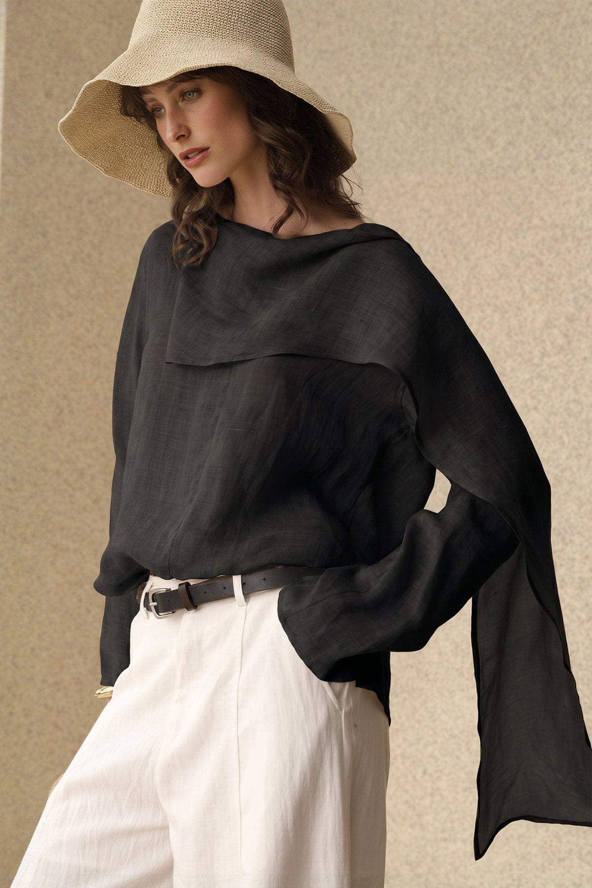 Scarf Neck Asymmetrical Draped Ramie-Tencel Blouse