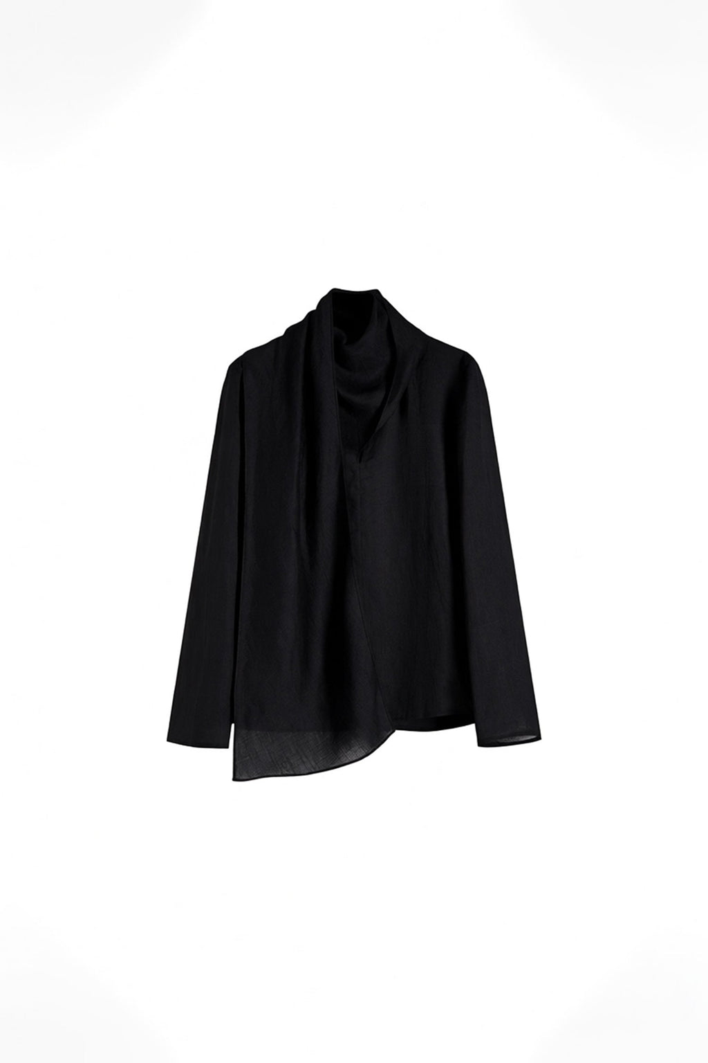 Scarf Neck Asymmetrical Draped Ramie-Tencel Blouse