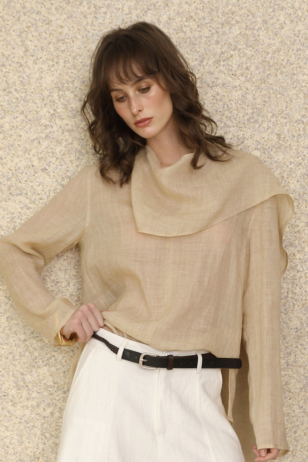 Scarf Neck Asymmetrical Draped Ramie-Tencel Blouse