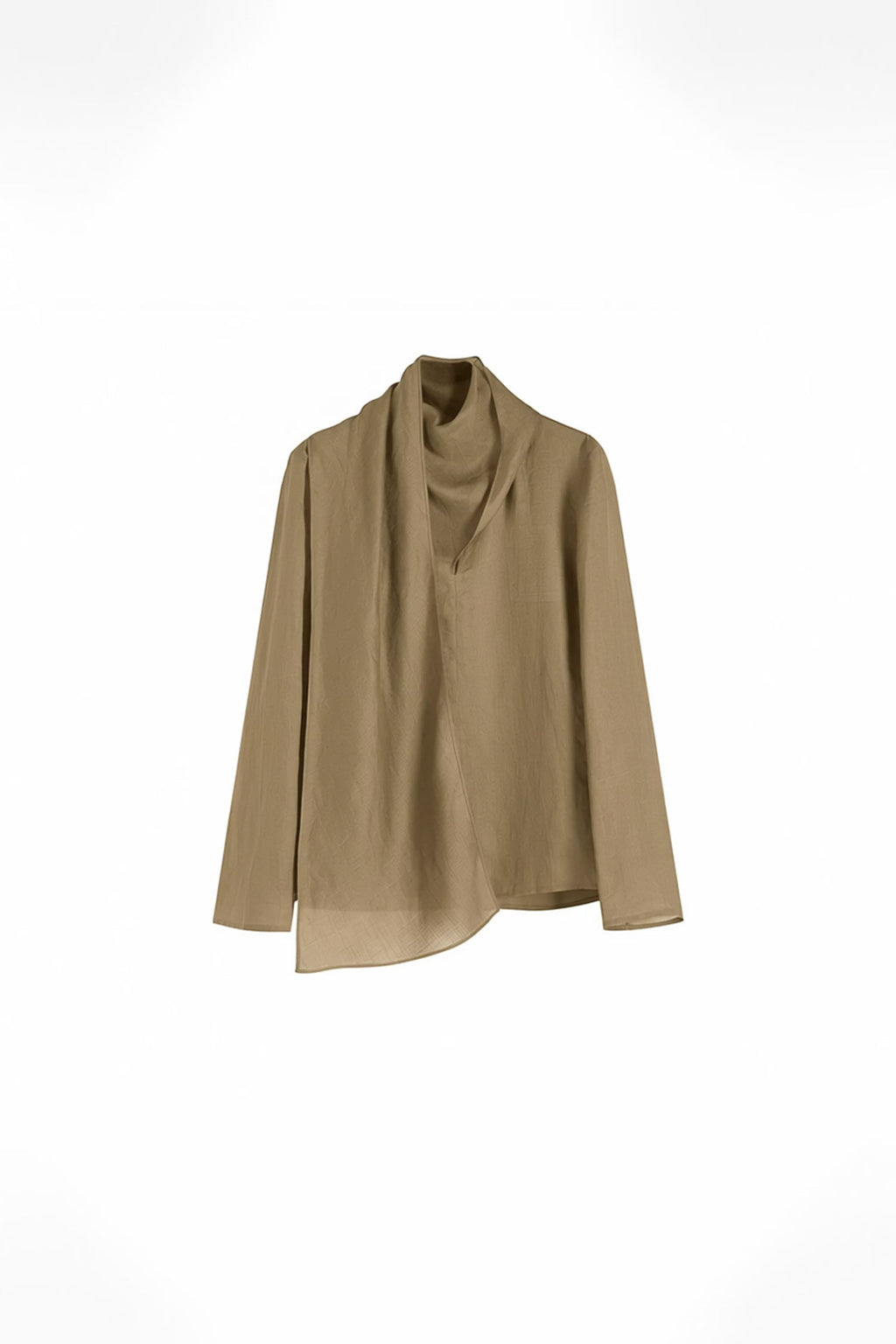 Scarf Neck Asymmetrical Draped Ramie-Tencel Blouse
