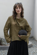 Scarf Neck Asymmetrical Draped Ramie-Tencel Blouse