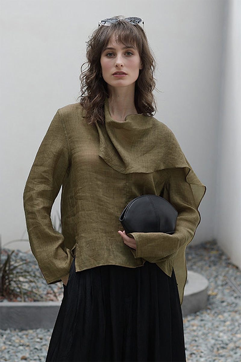 Scarf Neck Asymmetrical Draped Ramie-Tencel Blouse