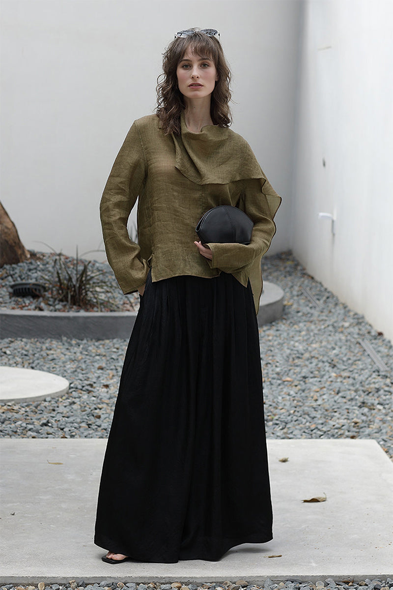 Scarf Neck Asymmetrical Draped Ramie-Tencel Blouse
