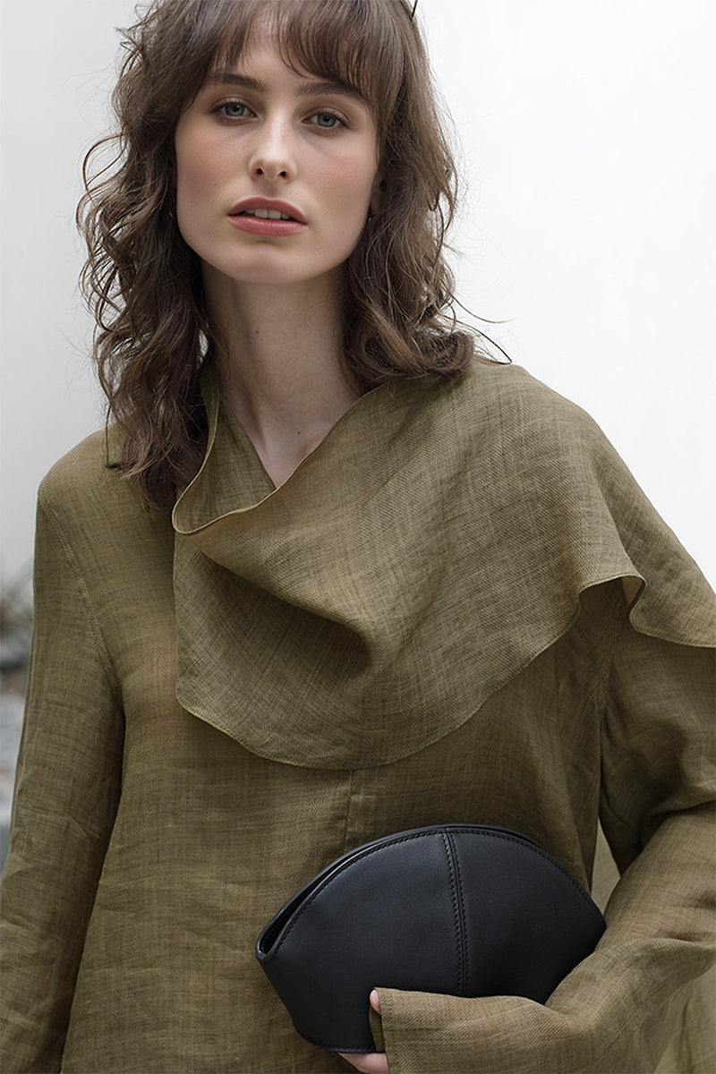 Scarf Neck Asymmetrical Draped Ramie-Tencel Blouse