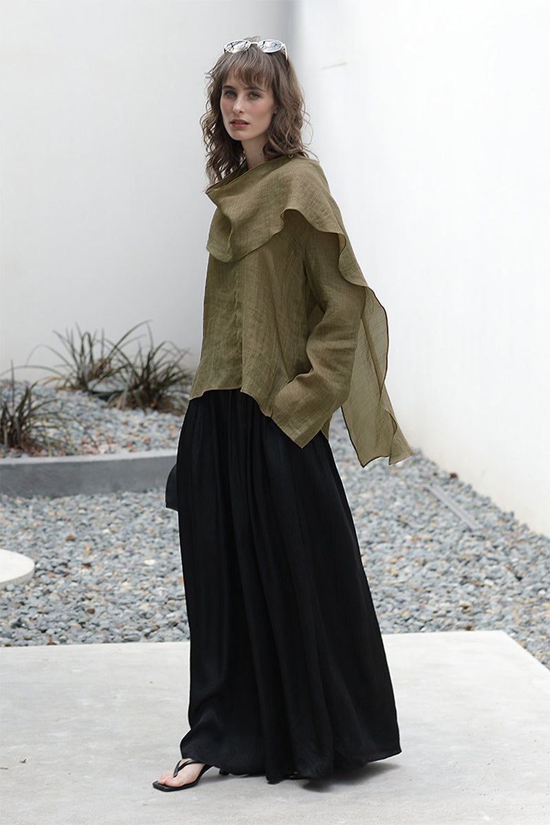 Scarf Neck Asymmetrical Draped Ramie-Tencel Blouse