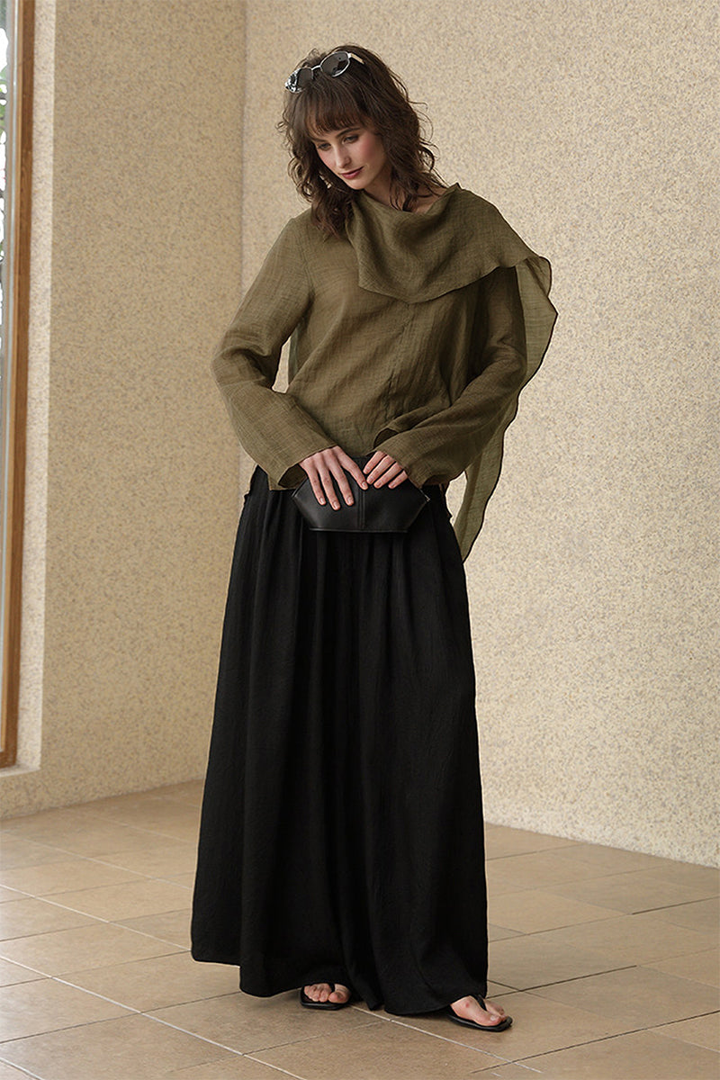 Scarf Neck Asymmetrical Draped Ramie-Tencel Blouse