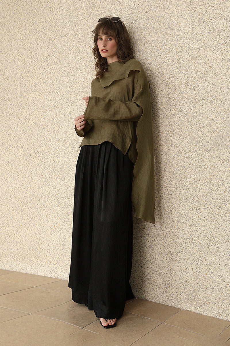 Scarf Neck Asymmetrical Draped Ramie-Tencel Blouse