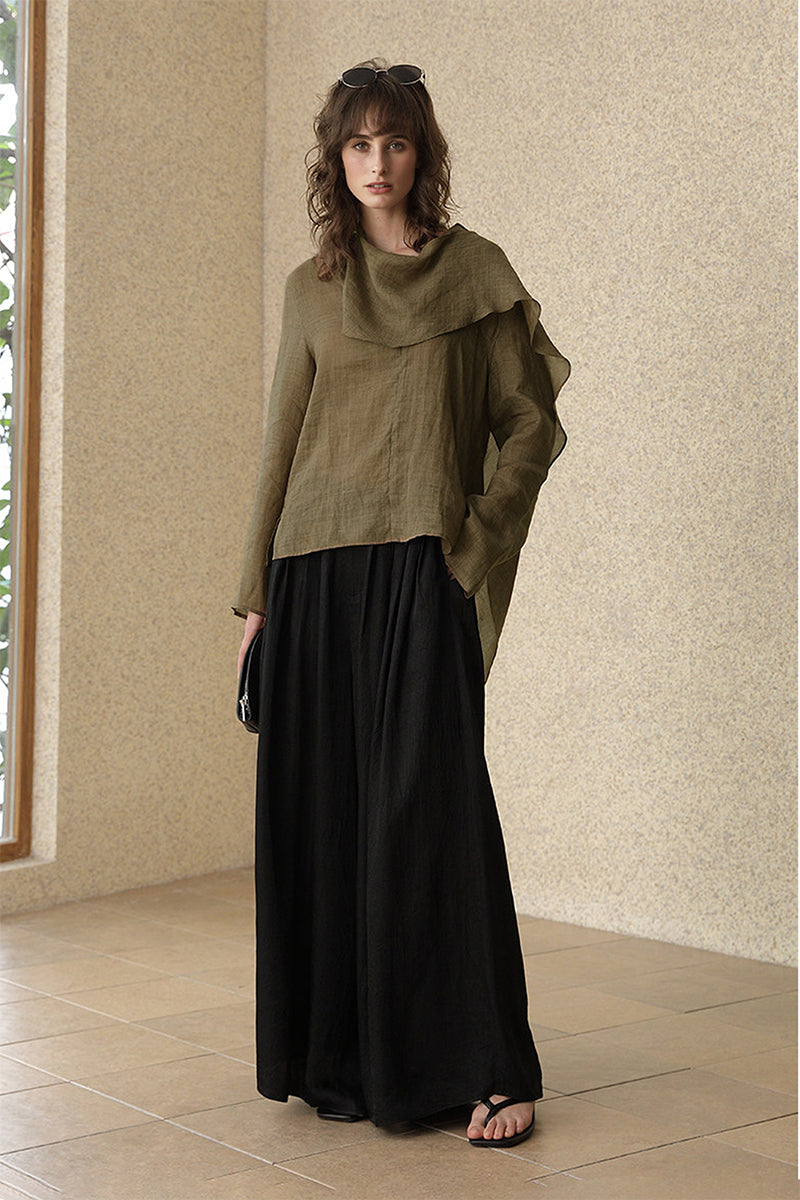 Scarf Neck Asymmetrical Draped Ramie-Tencel Blouse