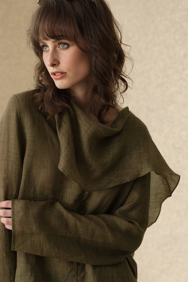 Scarf Neck Asymmetrical Draped Ramie-Tencel Blouse