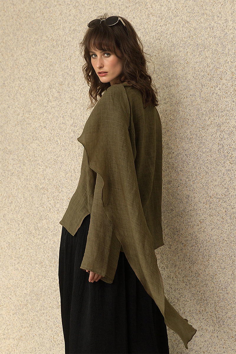 Scarf Neck Asymmetrical Draped Ramie-Tencel Blouse