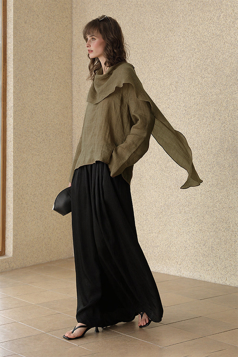 Scarf Neck Asymmetrical Draped Ramie-Tencel Blouse