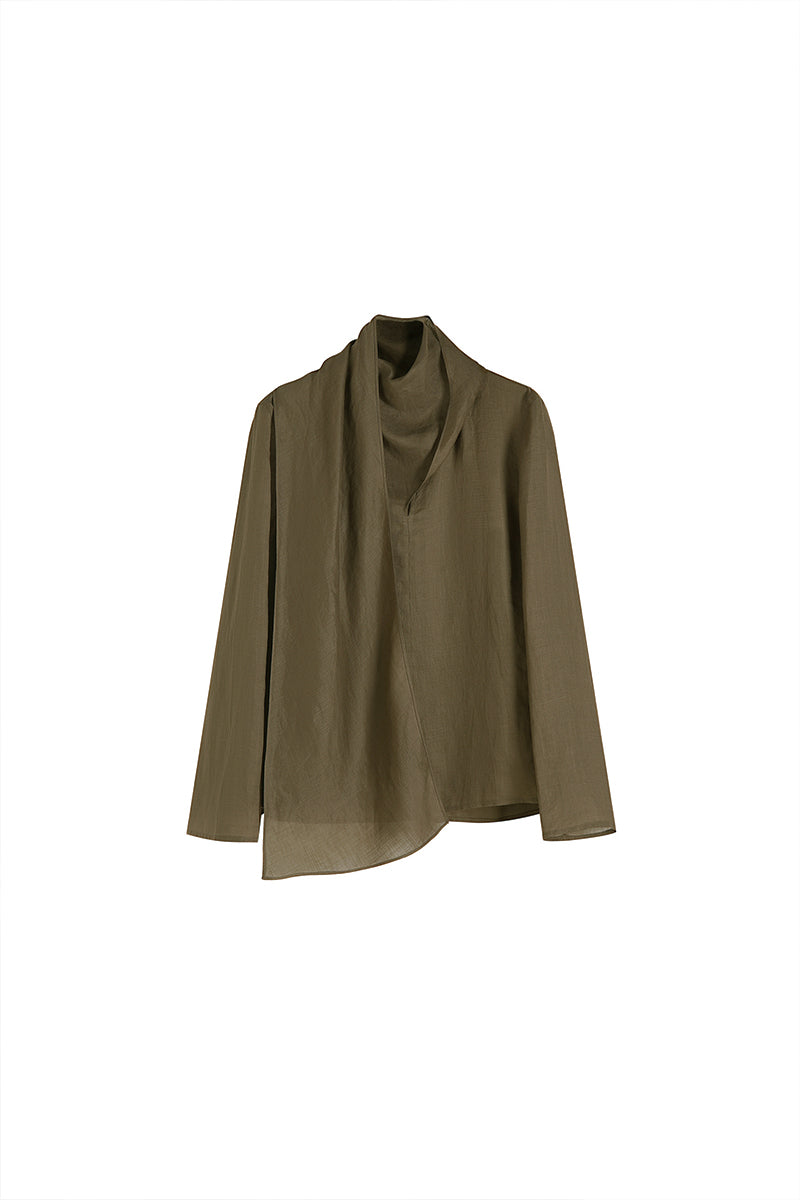 Scarf Neck Asymmetrical Draped Ramie-Tencel Blouse