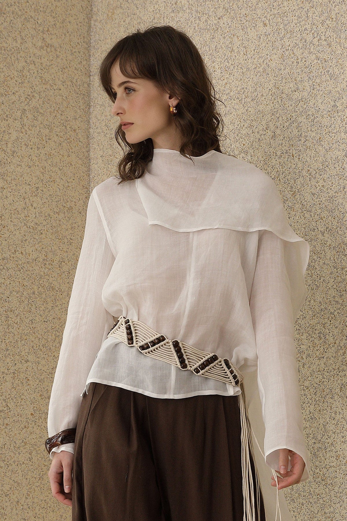 Scarf Neck Asymmetrical Draped Ramie-Tencel Blouse