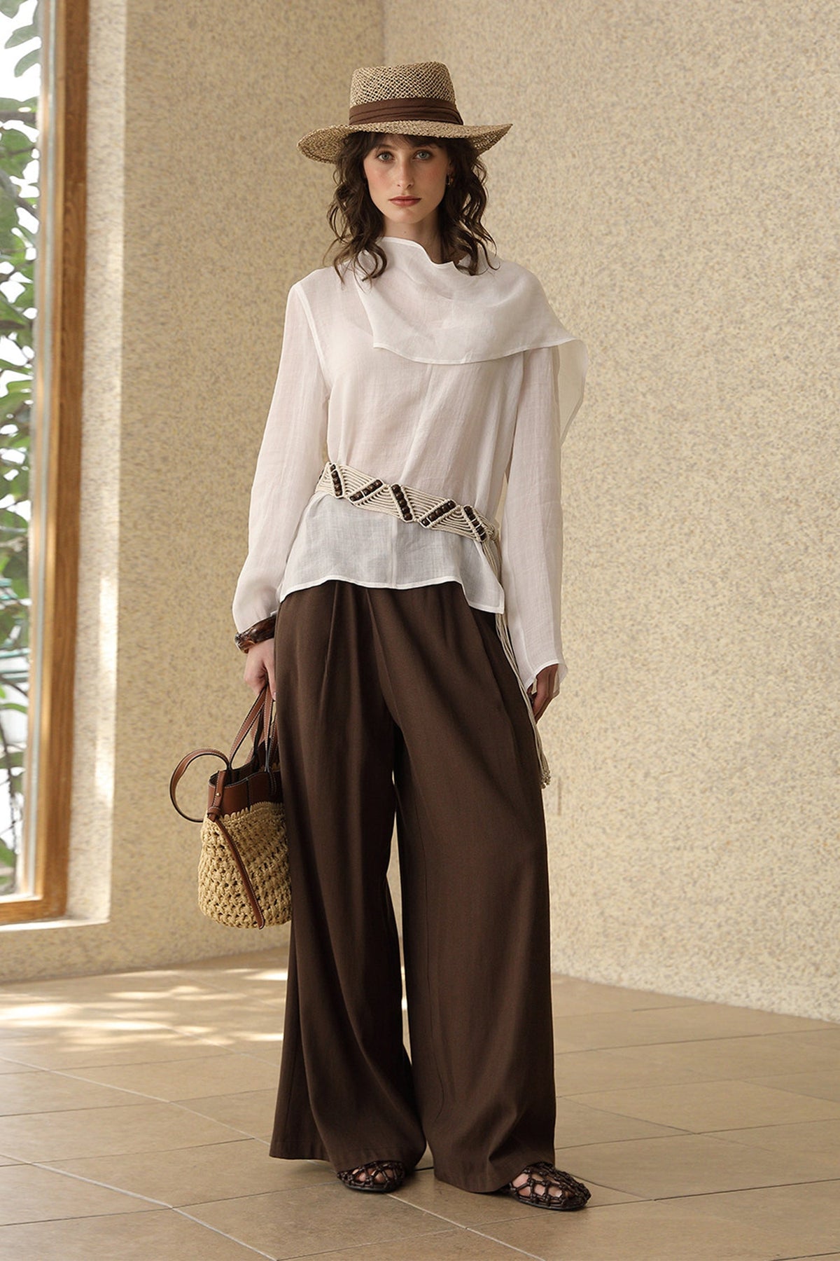Scarf Neck Asymmetrical Draped Ramie-Tencel Blouse