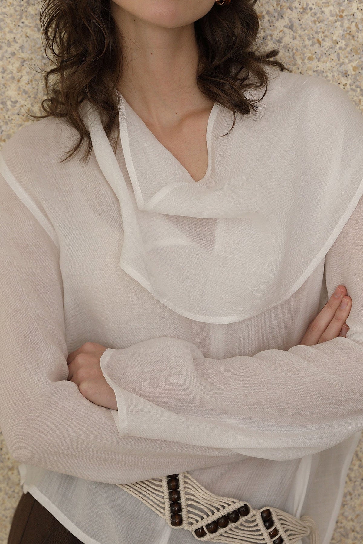 Scarf Neck Asymmetrical Draped Ramie-Tencel Blouse