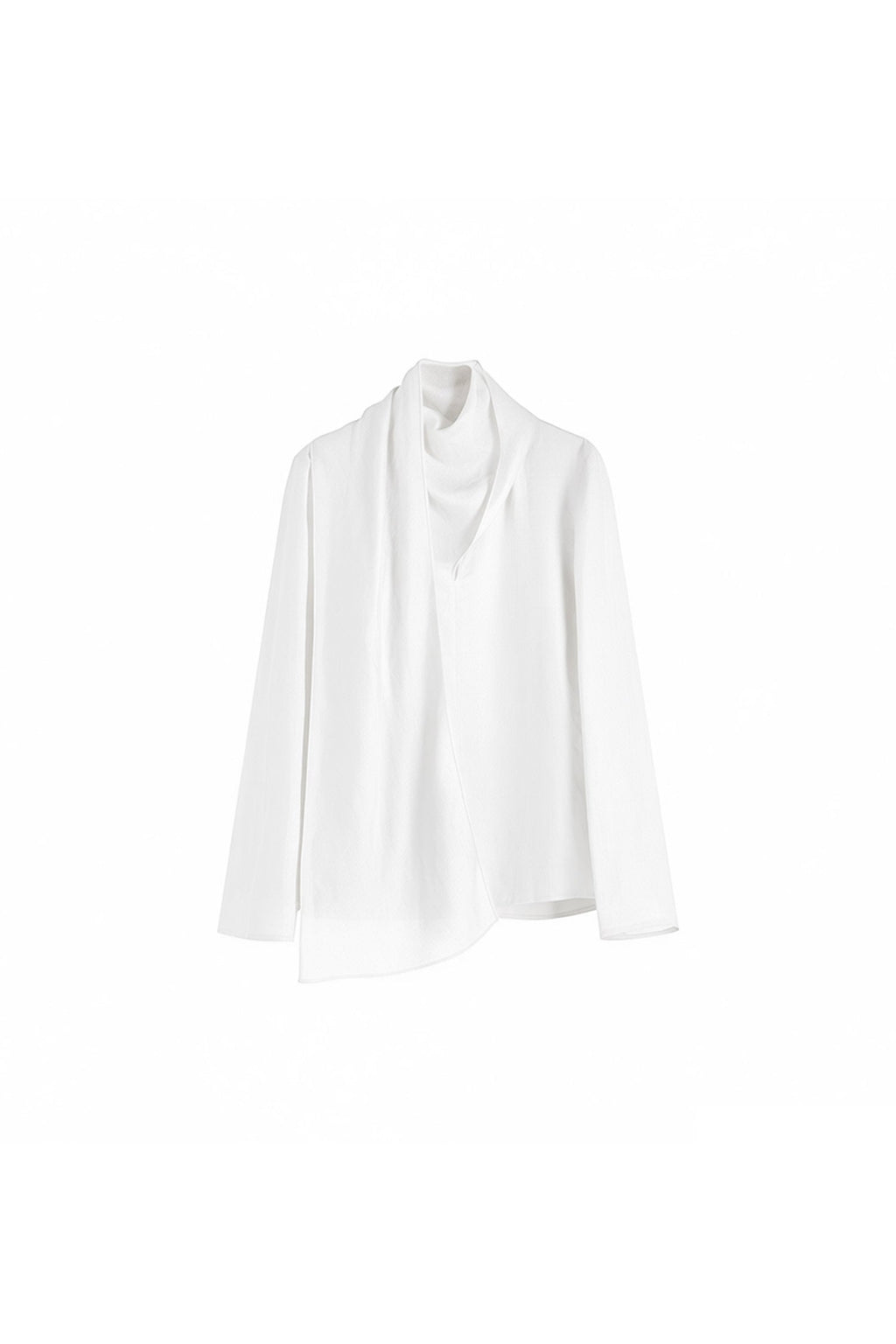 Scarf Neck Asymmetrical Draped Ramie-Tencel Blouse
