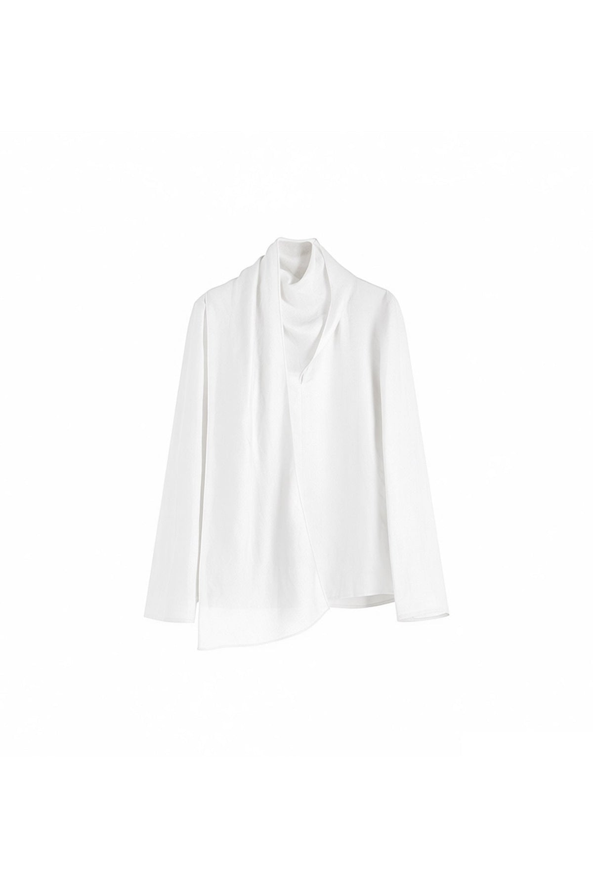 Scarf Neck Asymmetrical Draped Ramie-Tencel Blouse