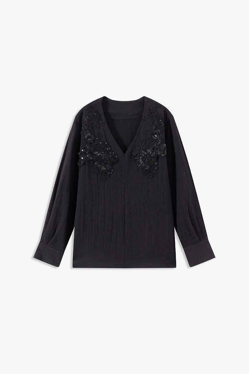 Sequin Floral Embroidery V-Neck Blouse