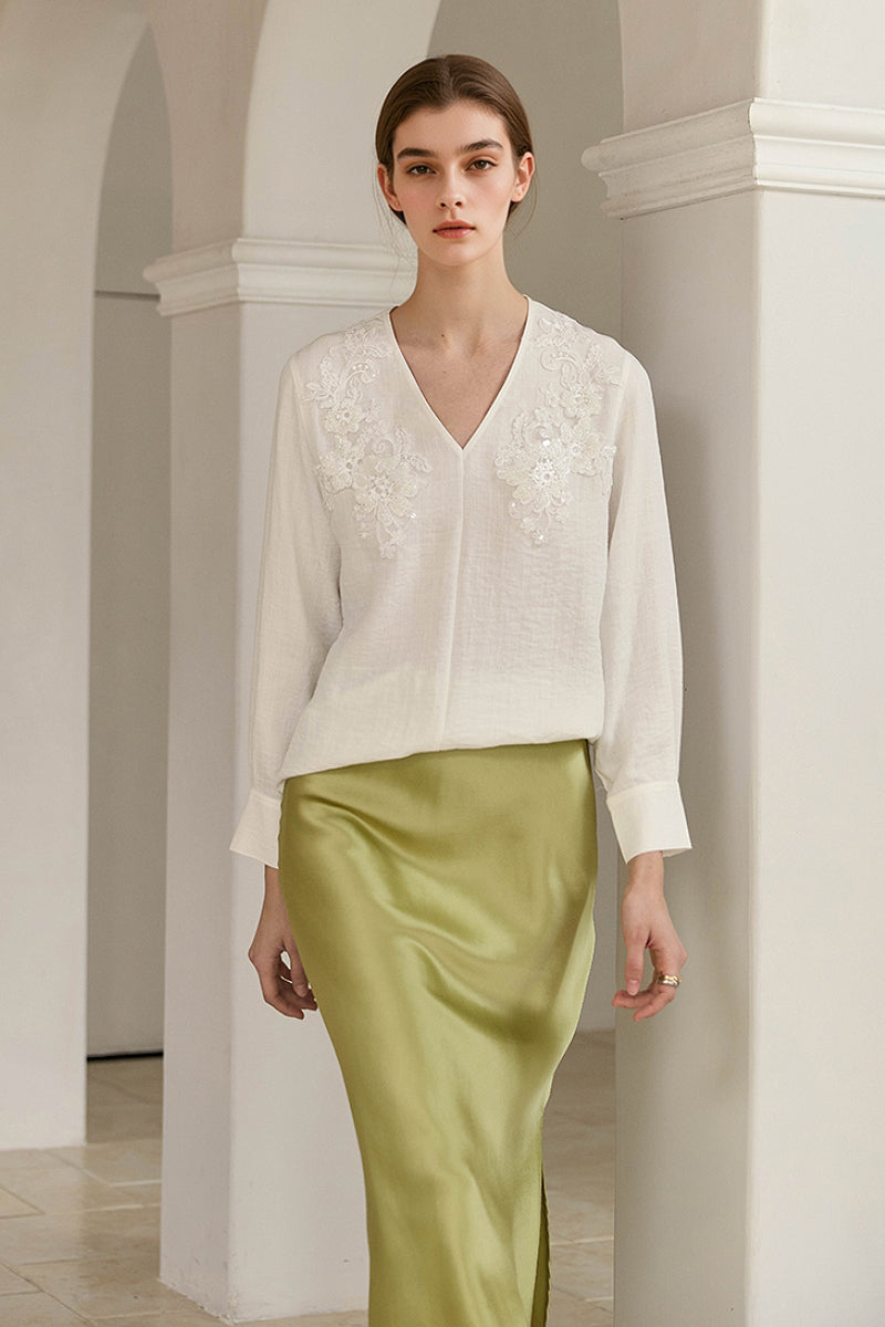 Sequin Floral Embroidery V-Neck Blouse