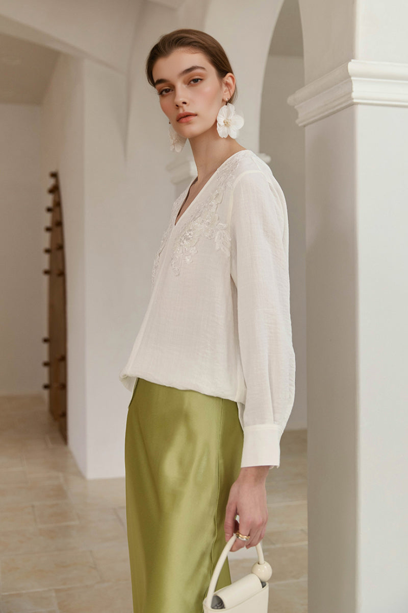 Sequin Floral Embroidery V-Neck Blouse
