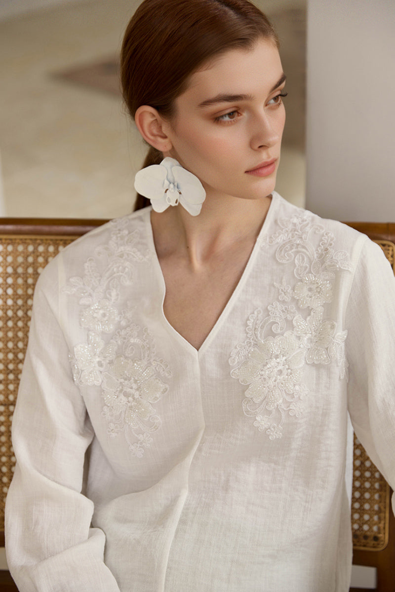 Sequin Floral Embroidery V-Neck Blouse