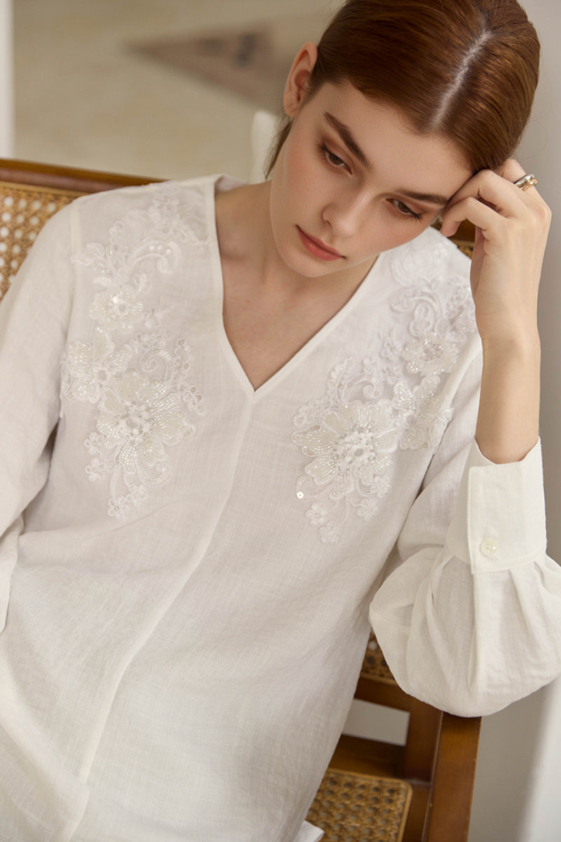 Sequin Floral Embroidery V-Neck Blouse