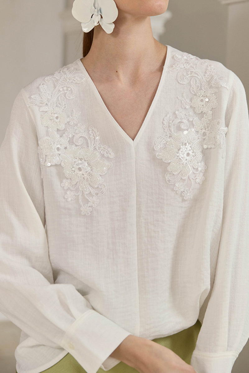 Sequin Floral Embroidery V-Neck Blouse