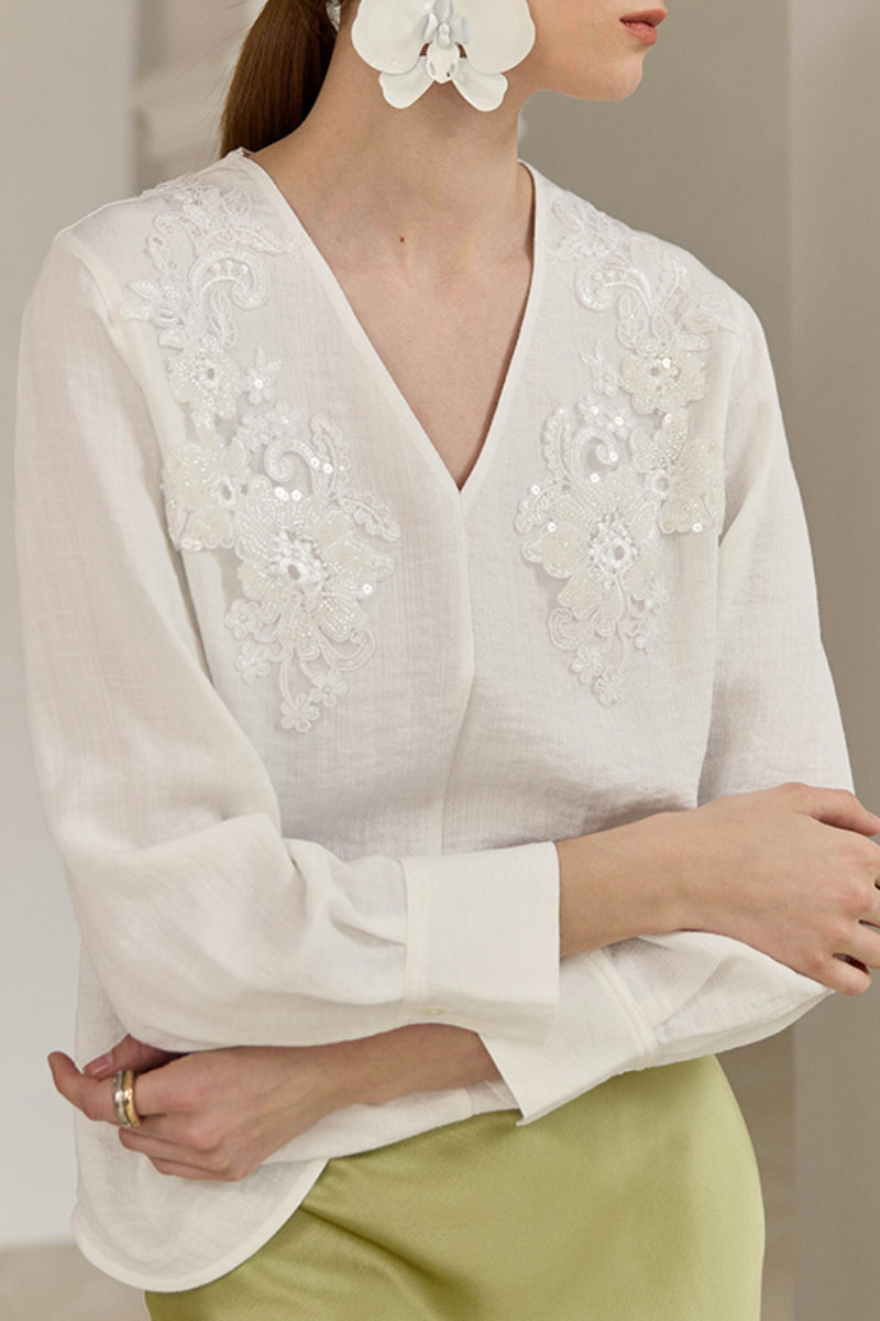 Sequin Floral Embroidery V-Neck Blouse