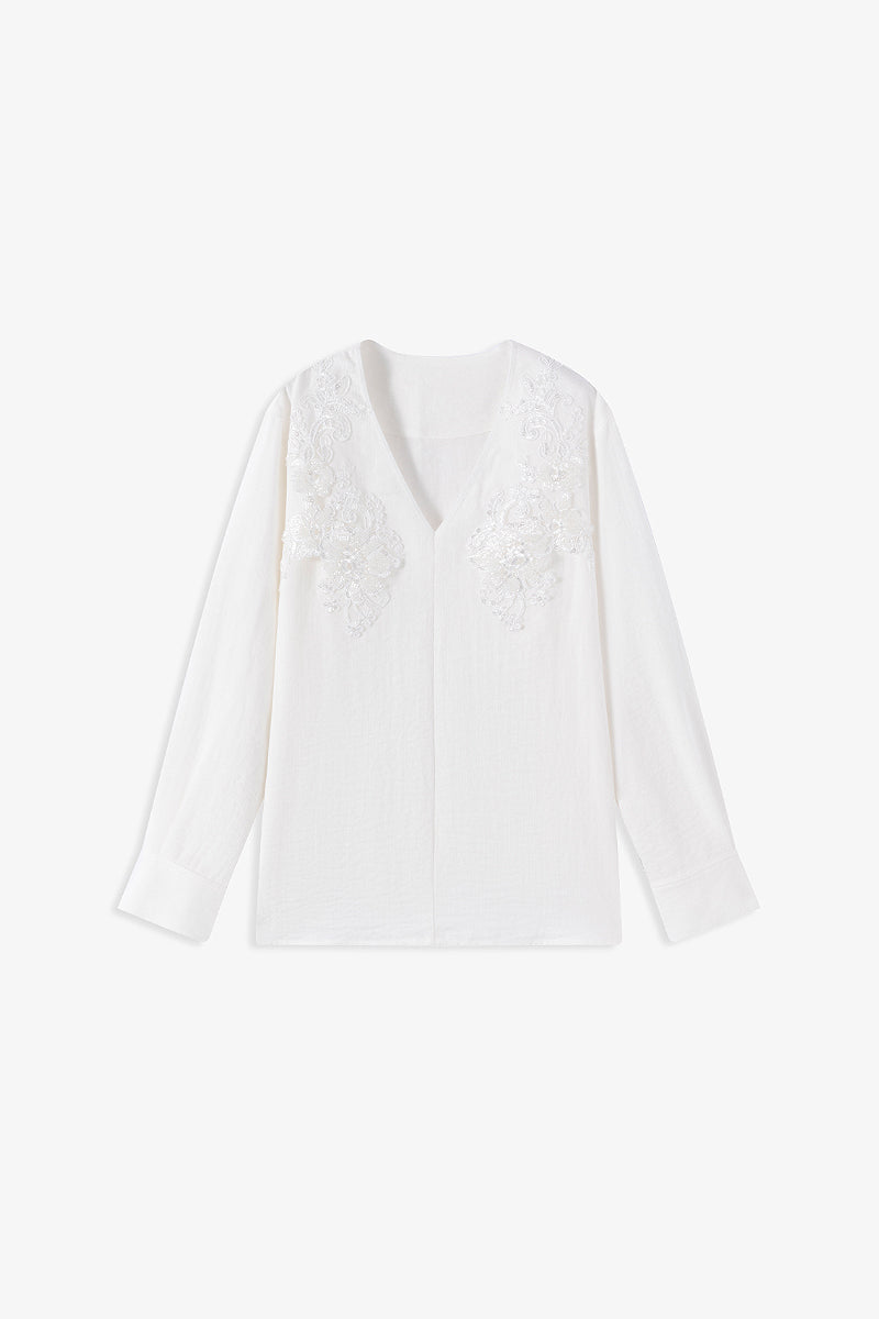 Sequin Floral Embroidery V-Neck Blouse