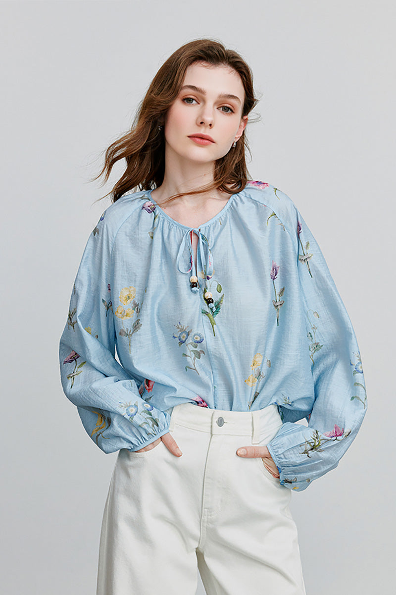 Sheer Floral Linen Tie-Neck Blouse With Balloon Sleeves