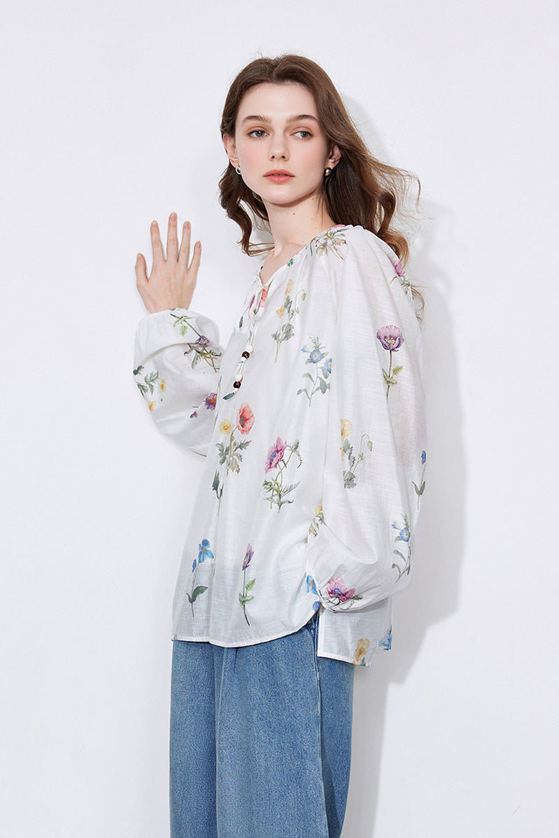 Sheer Floral Linen Tie-Neck Blouse With Balloon Sleeves