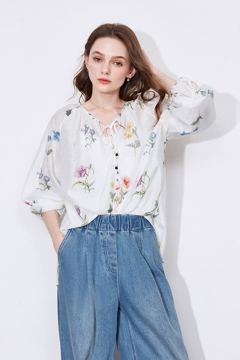 Sheer Floral Linen Tie-Neck Blouse With Balloon Sleeves