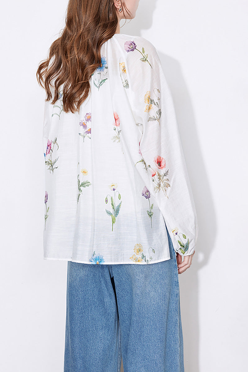 Sheer Floral Linen Tie-Neck Blouse With Balloon Sleeves