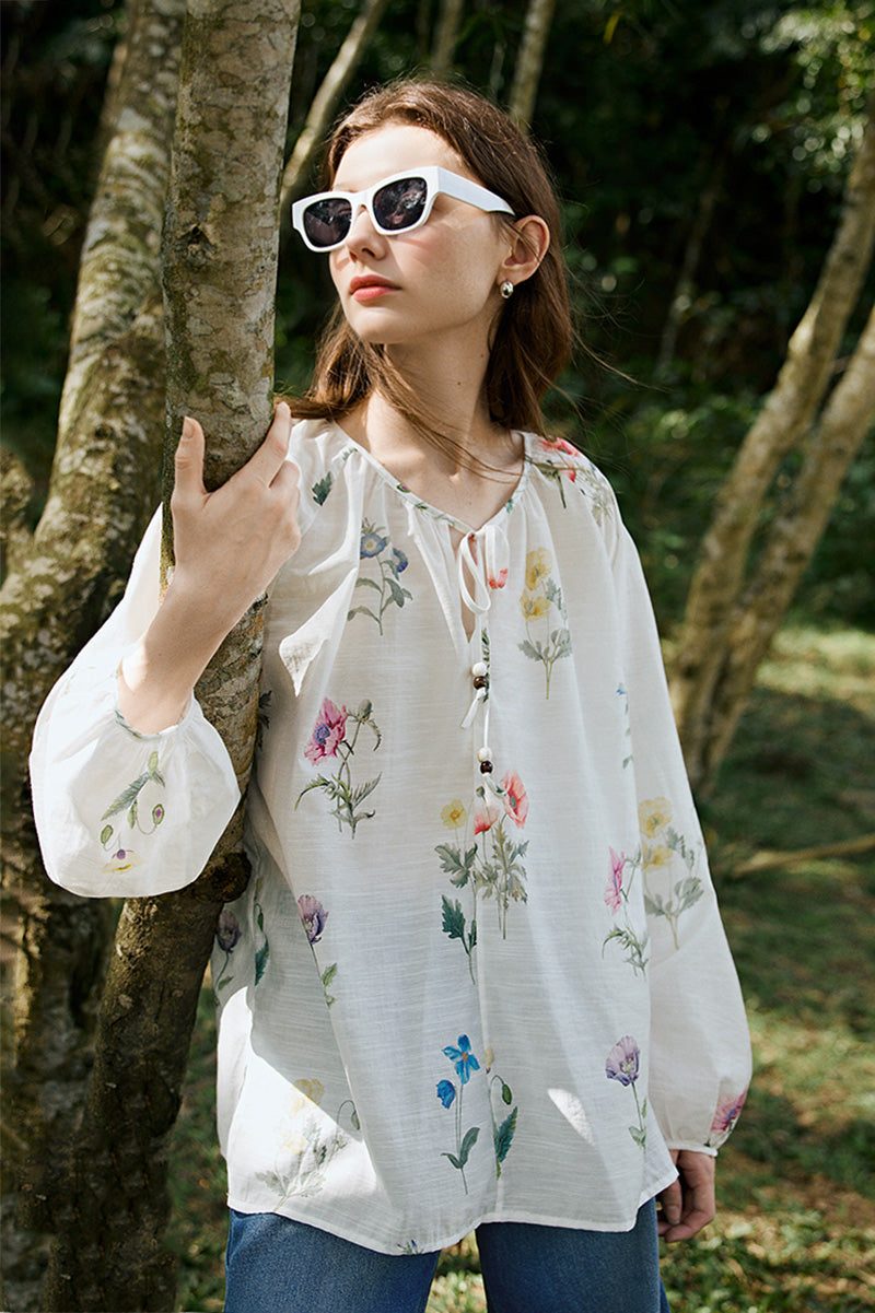 Sheer Floral Linen Tie-Neck Blouse With Balloon Sleeves