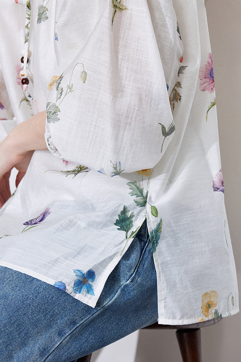 Sheer Floral Linen Tie-Neck Blouse With Balloon Sleeves
