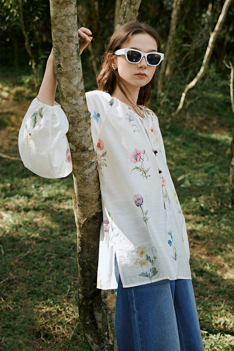 Sheer Floral Linen Tie-Neck Blouse With Balloon Sleeves