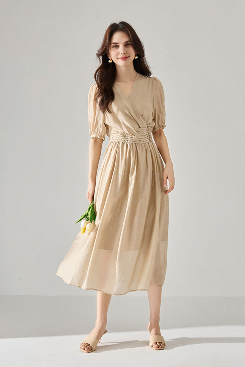 Sheer Tencel A-Line Midi Wrap Dress with Button Detail in Beige