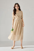 Sheer Tencel A-Line Midi Wrap Dress with Button Detail in Beige