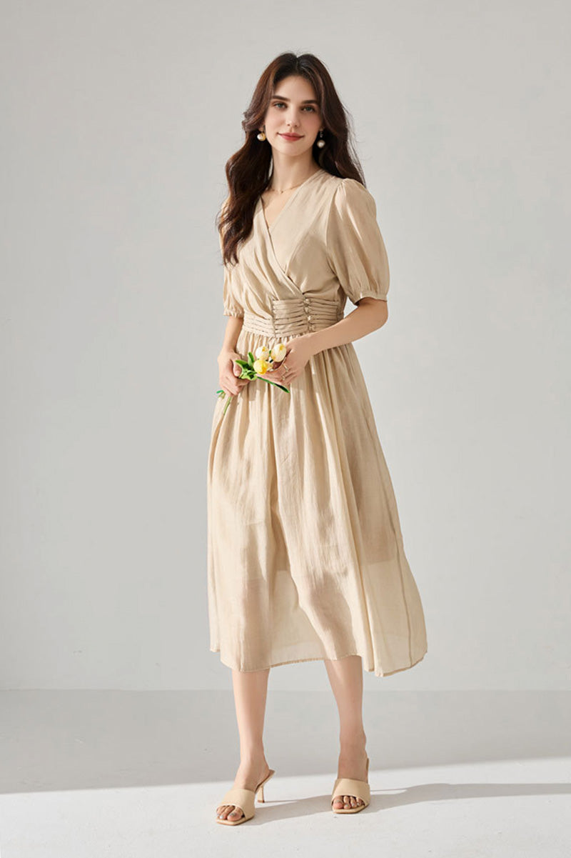 Sheer Tencel A-Line Midi Wrap Dress with Button Detail in Beige