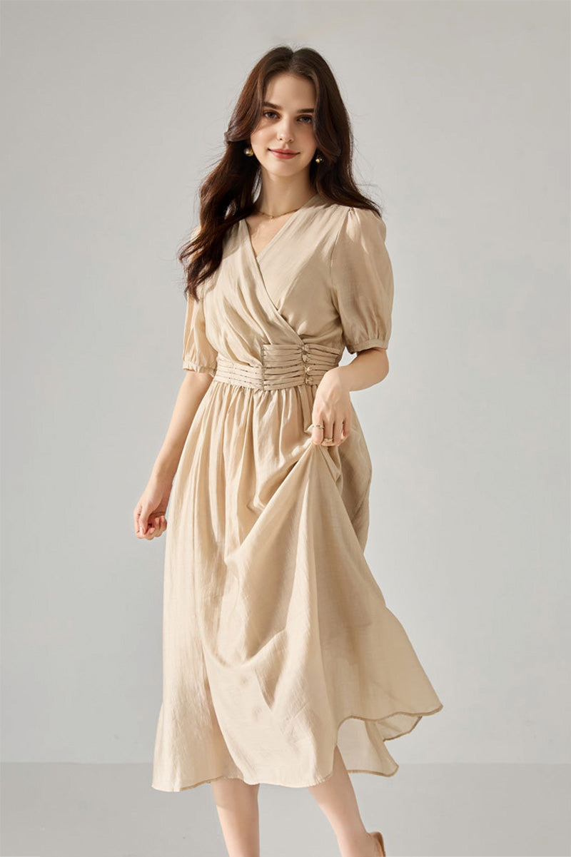Sheer Tencel A-Line Midi Wrap Dress with Button Detail in Beige